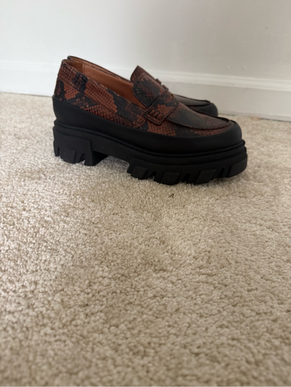 Ganni Loafers Snakeskin Embossed Chunky Platform in Brown Black - Picture 2 of 8